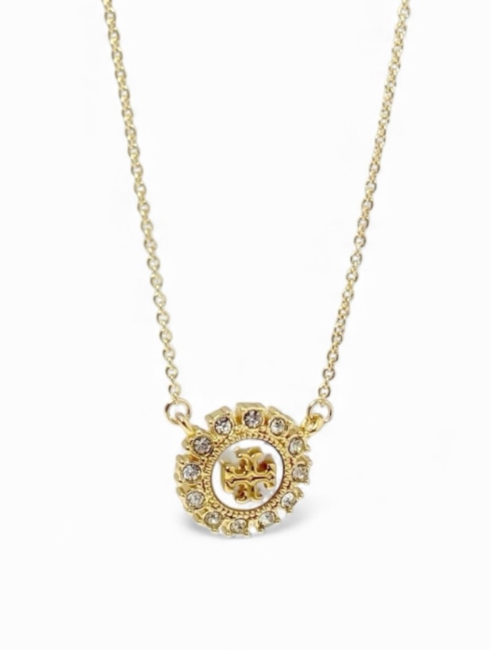 Tory Burch Gold Logo Pendant Necklace with Clear Stones